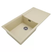 HD Onyx Beige 100 egymedencés mosogatótálca, csepegtetőtálcával, soft bézs színben, szálcsiszolt króm leeresztő szifonnal