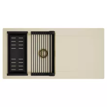 HD Onyx Beige 100 egymedencés mosogatótálca szett, matt fekete csepegtetőráccsal és kosárral, csepegtetőtálcával, soft bézs színben, szálcsiszolt arany leeresztő szifonnal