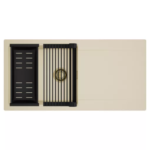 HD Onyx Beige 100 egymedencés mosogatótálca szett, matt fekete csepegtetőráccsal és kosárral, csepegtetőtálcával, soft bézs színben, szálcsiszolt arany leeresztő szifonnal
