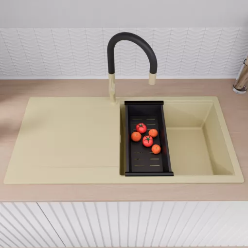 HD Onyx Beige 100 egymedencés mosogatótálca szett, matt fekete csepegtetőráccsal és kosárral, csepegtetőtálcával, soft bézs színben, szálcsiszolt arany leeresztő szifonnal