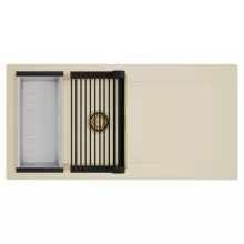 HD Onyx Beige 100 egymedencés mosogatótálca szett, matt fekete csepegtetőráccsal és krómozott kosárral, csepegtetőtálcával, soft bézs színben, szálcsiszolt arany leeresztő szifonnal