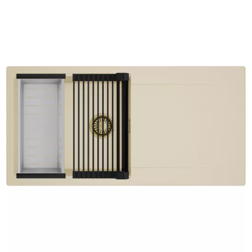 HD Onyx Beige 100 egymedencés mosogatótálca szett, matt fekete csepegtetőráccsal és krómozott kosárral, csepegtetőtálcával, soft bézs színben, szálcsiszolt arany leeresztő szifonnal