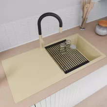 HD Onyx Beige 100 egymedencés mosogatótálca szett, matt fekete csepegtetőráccsal és krómozott kosárral, csepegtetőtálcával, soft bézs színben, szálcsiszolt arany leeresztő szifonnal