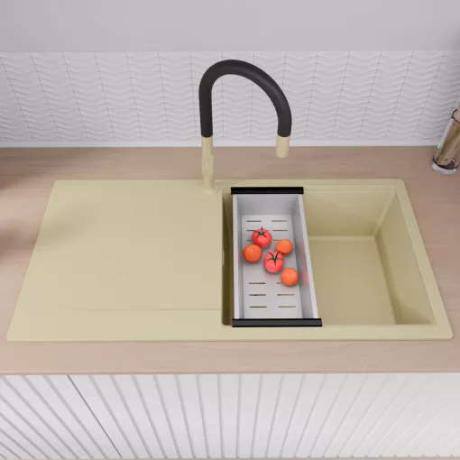 HD Onyx Beige 100 egymedencés mosogatótálca szett, matt fekete csepegtetőráccsal és krómozott kosárral, csepegtetőtálcával, soft bézs színben, szálcsiszolt arany leeresztő szifonnal