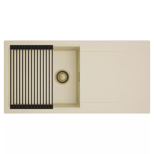 HD Onyx Beige 100 egymedencés mosogatótálca szett, matt fekete csepegtetőráccsal, csepegtetőtálcával, soft bézs színben, szálcsiszolt arany leeresztő szifonnal