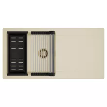 HD Onyx Beige 100 egymedencés mosogatótálca szett, acél csepegtetőráccsal és matt fekete kosárral, csepegtetőtálcával, soft bézs színben, szálcsiszolt arany leeresztő szifonnal