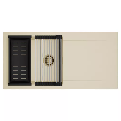 HD Onyx Beige 100 egymedencés mosogatótálca szett, acél csepegtetőráccsal és matt fekete kosárral, csepegtetőtálcával, soft bézs színben, szálcsiszolt arany leeresztő szifonnal