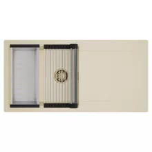 HD Onyx Beige 100 egymedencés mosogatótálca szett, acél csepegtetőráccsal és kosárral, csepegtetőtálcával, soft bézs színben, szálcsiszolt arany leeresztő szifonnal