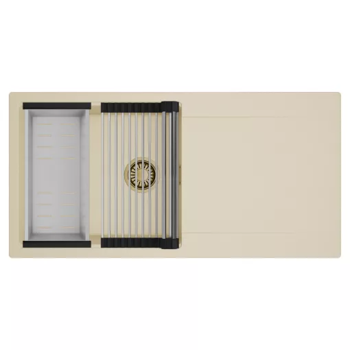 HD Onyx Beige 100 egymedencés mosogatótálca szett, acél csepegtetőráccsal és kosárral, csepegtetőtálcával, soft bézs színben, szálcsiszolt arany leeresztő szifonnal