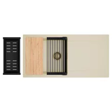 HD Onyx Beige 100 egymedencés gránit mosogatótálca szett, csepegtetőtálcával, vágódeszkával, matt fekete csepegtetőráccsal és kosárral, soft bézs színben, szálcsiszolt arany leeresztő szifonnal