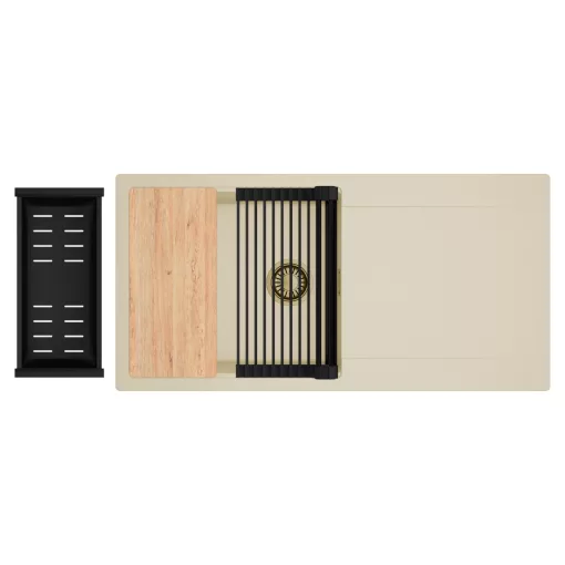 HD Onyx Beige 100 egymedencés gránit mosogatótálca szett, csepegtetőtálcával, vágódeszkával, matt fekete csepegtetőráccsal és kosárral, soft bézs színben, szálcsiszolt arany leeresztő szifonnal