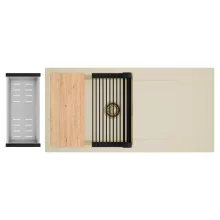 HD Onyx Beige 100 egymedencés gránit mosogatótálca szett, csepegtetőtálcával, vágódeszkával, matt fekete csepegtetőráccsal és krómozott kosárral, soft bézs színben, szálcsiszolt arany leeresztő szifonnal