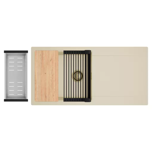 HD Onyx Beige 100 egymedencés gránit mosogatótálca szett, csepegtetőtálcával, vágódeszkával, matt fekete csepegtetőráccsal és krómozott kosárral, soft bézs színben, szálcsiszolt arany leeresztő szifonnal