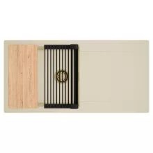 HD Onyx Beige 100 egymedencés gránit mosogatótálca szett, csepegtetőtálcával, vágódeszkával, matt fekete csepegtetőráccsal, soft bézs színben, szálcsiszolt arany leeresztő szifonnal