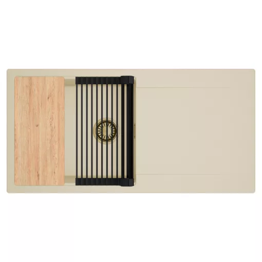 HD Onyx Beige 100 egymedencés gránit mosogatótálca szett, csepegtetőtálcával, vágódeszkával, matt fekete csepegtetőráccsal, soft bézs színben, szálcsiszolt arany leeresztő szifonnal