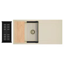 HD Onyx Beige 100 egymedencés gránit mosogatótálca szett, csepegtetőtálcával, vágódeszkával, acél csepegtetőráccsal és matt fekete kosárral, soft bézs színben, szálcsiszolt arany leeresztő szifonnal