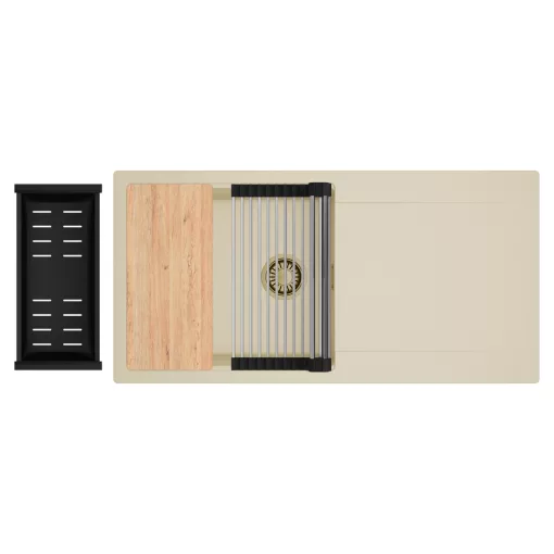 HD Onyx Beige 100 egymedencés gránit mosogatótálca szett, csepegtetőtálcával, vágódeszkával, acél csepegtetőráccsal és matt fekete kosárral, soft bézs színben, szálcsiszolt arany leeresztő szifonnal