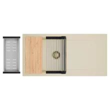 HD Onyx Beige 100 egymedencés gránit mosogatótálca szett, csepegtetőtálcával, vágódeszkával, acél csepegtetőráccsal és kosárral, soft bézs színben, szálcsiszolt arany leeresztő szifonnal