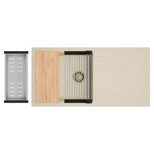 HD Onyx Beige 100 egymedencés gránit mosogatótálca szett, csepegtetőtálcával, vágódeszkával, acél csepegtetőráccsal és kosárral, soft bézs színben, szálcsiszolt arany leeresztő szifonnal