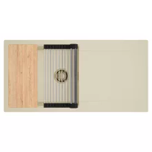 HD Onyx Beige 100 egymedencés gránit mosogatótálca szett, csepegtetőtálcával, vágódeszkával, acél csepegtetőráccsal, soft bézs színben, szálcsiszolt arany leeresztő szifonnal