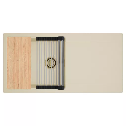 HD Onyx Beige 100 egymedencés gránit mosogatótálca szett, csepegtetőtálcával, vágódeszkával, acél csepegtetőráccsal, soft bézs színben, szálcsiszolt arany leeresztő szifonnal