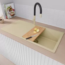 HD Onyx Beige 100 egymedencés gránit mosogatótálca szett, csepegtetőtálcával, vágódeszkával, acél csepegtetőráccsal, soft bézs színben, szálcsiszolt arany leeresztő szifonnal