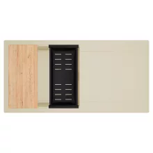 HD Onyx Beige 100 egymedencés gránit mosogatótálca szett, csepegtetőtálcával, vágódeszkával, matt fekete csepegtetőkosárral, soft bézs színben, szálcsiszolt arany leeresztő szifonnal