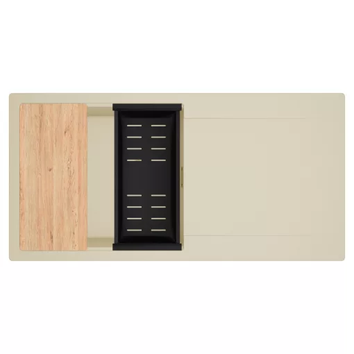 HD Onyx Beige 100 egymedencés gránit mosogatótálca szett, csepegtetőtálcával, vágódeszkával, matt fekete csepegtetőkosárral, soft bézs színben, szálcsiszolt arany leeresztő szifonnal