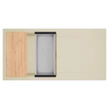 HD Onyx Beige 100 egymedencés gránit mosogatótálca szett, csepegtetőtálcával, vágódeszkával, acél csepegtetőkosárral, soft bézs színben, szálcsiszolt arany leeresztő szifonnal