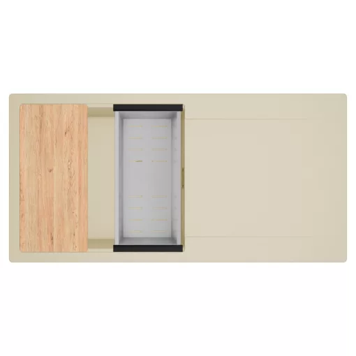 HD Onyx Beige 100 egymedencés gránit mosogatótálca szett, csepegtetőtálcával, vágódeszkával, acél csepegtetőkosárral, soft bézs színben, szálcsiszolt arany leeresztő szifonnal