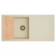 HD Onyx Beige 100 egymedencés gránit mosogatótálca, vágódeszkával, soft bézs színben, szálcsiszolt arany leeresztő szifonnal