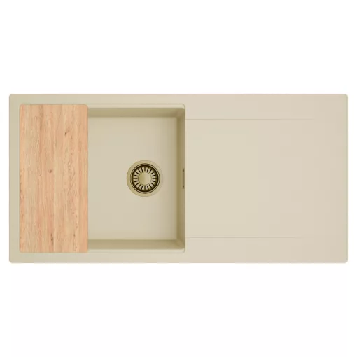 HD Onyx Beige 100 egymedencés gránit mosogatótálca, vágódeszkával, soft bézs színben, szálcsiszolt arany leeresztő szifonnal