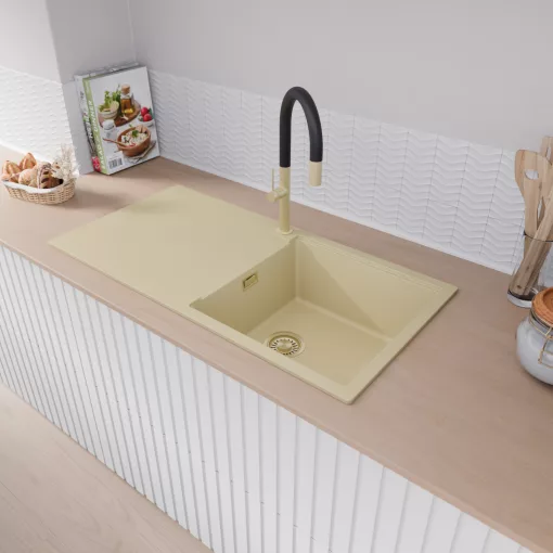 HD Onyx Beige 100 egymedencés gránit mosogatótálca, vágódeszkával, soft bézs színben, szálcsiszolt arany leeresztő szifonnal