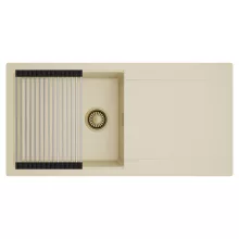 HD Onyx Beige 100 egymedencés mosogatótálca szett, acél csepegtetőráccsal, csepegtetőtálcával, soft bézs színben, szálcsiszolt arany leeresztő szifonnal