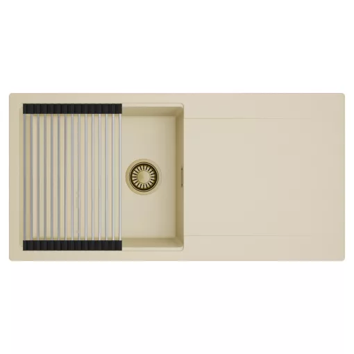HD Onyx Beige 100 egymedencés mosogatótálca szett, acél csepegtetőráccsal, csepegtetőtálcával, soft bézs színben, szálcsiszolt arany leeresztő szifonnal