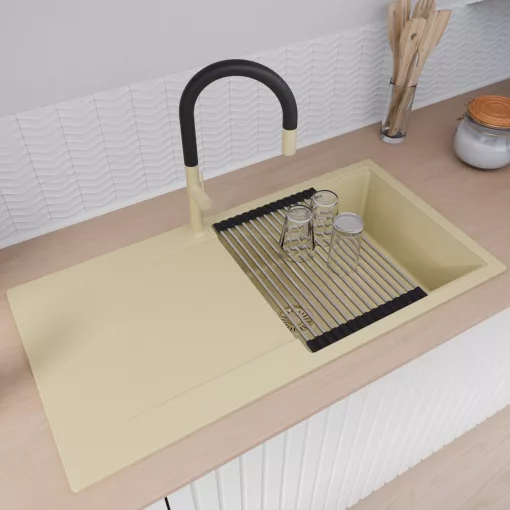 HD Onyx Beige 100 egymedencés mosogatótálca szett, acél csepegtetőráccsal, csepegtetőtálcával, soft bézs színben, szálcsiszolt arany leeresztő szifonnal