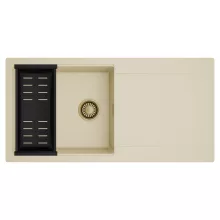 HD Onyx Beige 100 egymedencés mosogatótálca szett, matt fekete csepegtetőkosárral, csepegtetőtálcával, soft bézs színben, szálcsiszolt arany leeresztő szifonnal