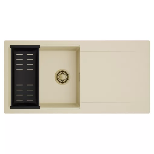 HD Onyx Beige 100 egymedencés mosogatótálca szett, matt fekete csepegtetőkosárral, csepegtetőtálcával, soft bézs színben, szálcsiszolt arany leeresztő szifonnal