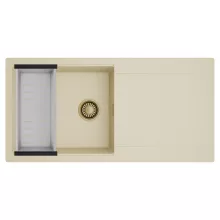 HD Onyx Beige 100 egymedencés mosogatótálca szett, acél csepegtetőkosárral, csepegtetőtálcával, soft bézs színben, szálcsiszolt arany leeresztő szifonnal