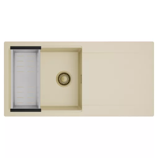 HD Onyx Beige 100 egymedencés mosogatótálca szett, acél csepegtetőkosárral, csepegtetőtálcával, soft bézs színben, szálcsiszolt arany leeresztő szifonnal