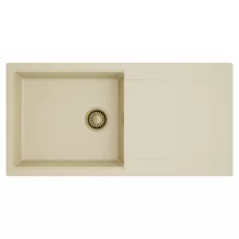 HD Onyx Beige 100 egymedencés mosogatótálca, csepegtetőtálcával, soft bézs színben, szálcsiszolt arany leeresztő szifonnal