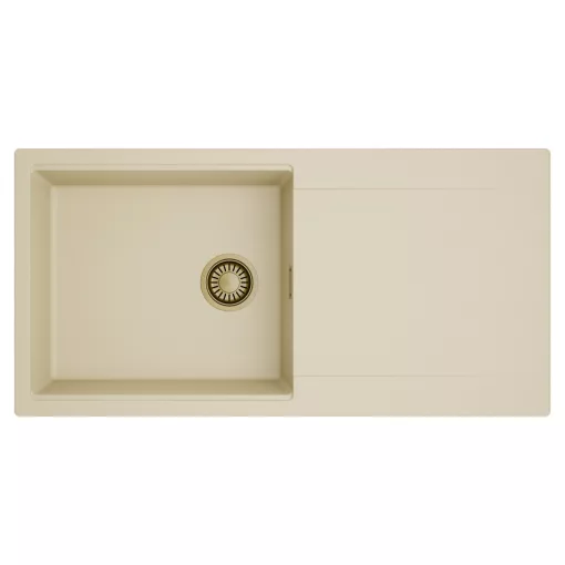 HD Onyx Beige 100 egymedencés mosogatótálca, csepegtetőtálcával, soft bézs színben, szálcsiszolt arany leeresztő szifonnal