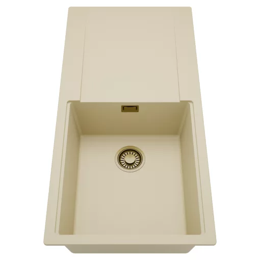 HD Onyx Beige 100 egymedencés mosogatótálca, csepegtetőtálcával, soft bézs színben, szálcsiszolt arany leeresztő szifonnal