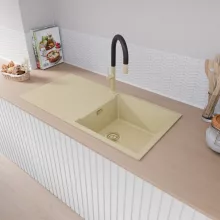 HD Onyx Beige 100 egymedencés mosogatótálca, csepegtetőtálcával, soft bézs színben, szálcsiszolt arany leeresztő szifonnal