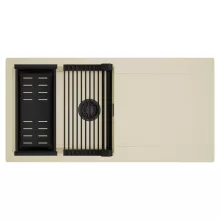 HD Onyx Beige 100 egymedencés mosogatótálca szett, matt fekete csepegtetőráccsal és kosárral, csepegtetőtálcával, soft bézs színben, matt fekete leeresztő szifonnal