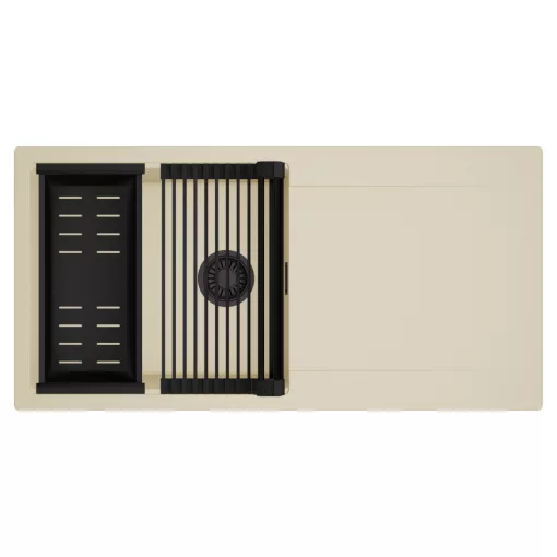 HD Onyx Beige 100 egymedencés mosogatótálca szett, matt fekete csepegtetőráccsal és kosárral, csepegtetőtálcával, soft bézs színben, matt fekete leeresztő szifonnal