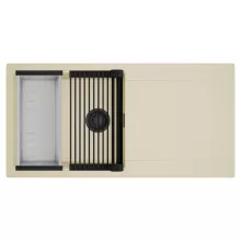 HD Onyx Beige 100 egymedencés mosogatótálca szett, matt fekete csepegtetőráccsal és krómozott kosárral, csepegtetőtálcával, soft bézs színben, matt fekete leeresztő szifonnal