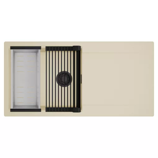 HD Onyx Beige 100 egymedencés mosogatótálca szett, matt fekete csepegtetőráccsal és krómozott kosárral, csepegtetőtálcával, soft bézs színben, matt fekete leeresztő szifonnal