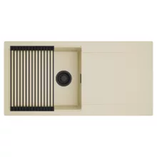 HD Onyx Beige 100 egymedencés mosogatótálca szett, matt fekete csepegtetőráccsal, csepegtetőtálcával, soft bézs színben, matt fekete leeresztő szifonnal