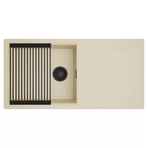 HD Onyx Beige 100 egymedencés mosogatótálca szett, matt fekete csepegtetőráccsal, csepegtetőtálcával, soft bézs színben, matt fekete leeresztő szifonnal